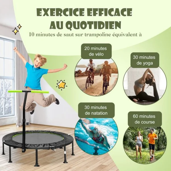 Mini Trampoline d'Intérieur Pliable Ø110cm avec Poignée Réglable en Hauteur Trampoline de Fitnesss avec Tapis de Saut en PP Charge 100kg Orange/Vert
