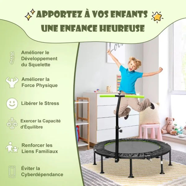 Mini Trampoline d'Intérieur Pliable Ø110cm avec Poignée Réglable en Hauteur Trampoline de Fitnesss avec Tapis de Saut en PP Charge 100kg Orange/Vert