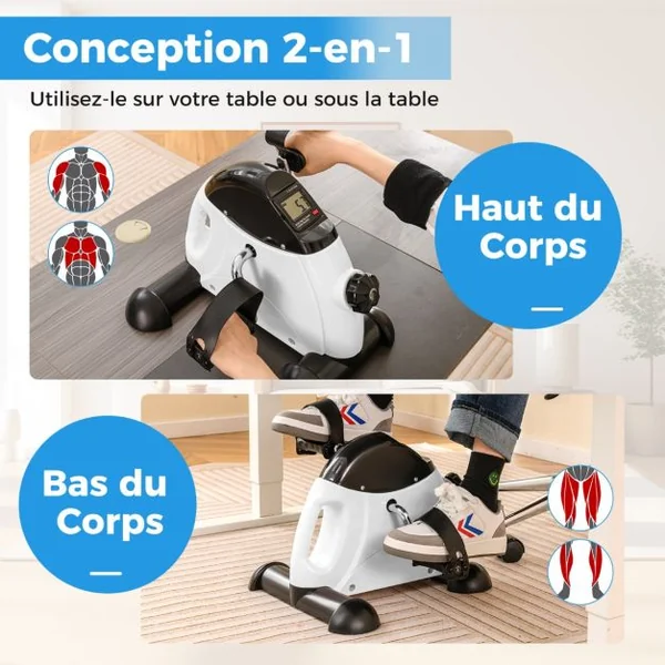 Mini Vélo d'Exercice sous Bureau avec Résistance Réglable et Affichage LCD Pédalier Portable pour Entraînement Des Bras Blanc