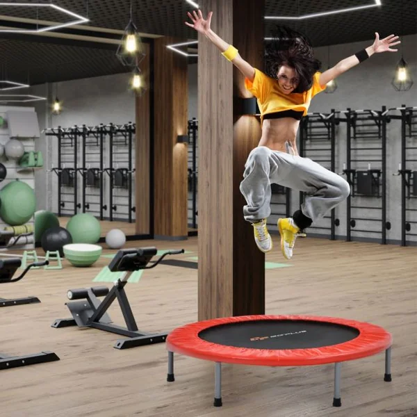Mini-trampoline Pliable 101Cm pour Adultes/Enfants avec Main Courante en Mousse Réglable en Hauteur à 4 Niveaux Charge Max 150Kg Bleu/Rouge
