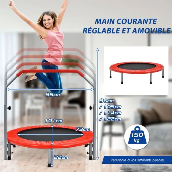 Mini-trampoline Pliable 101Cm pour Adultes/Enfants avec Main Courante en Mousse Réglable en Hauteur à 4 Niveaux Charge Max 150Kg Bleu/Rouge