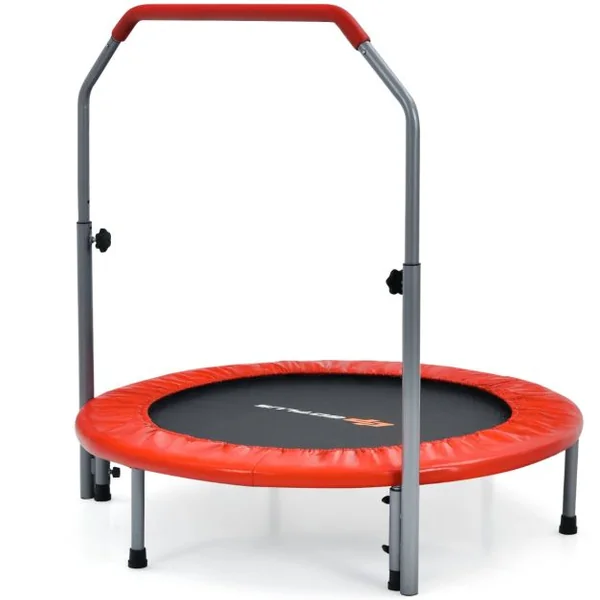 Mini-trampoline Pliable 101Cm pour Adultes/Enfants avec Main Courante en Mousse Réglable en Hauteur à 4 Niveaux Charge Max 150Kg Bleu/Rouge