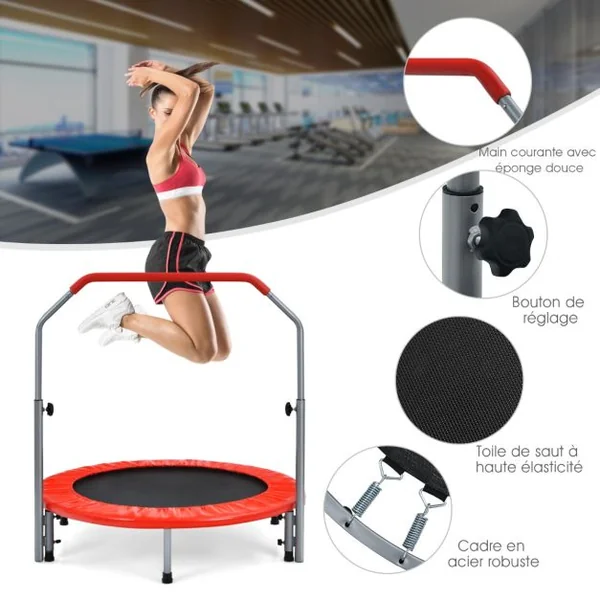 Mini-trampoline Pliable 101Cm pour Adultes/Enfants avec Main Courante en Mousse Réglable en Hauteur à 4 Niveaux Charge Max 150Kg Bleu/Rouge