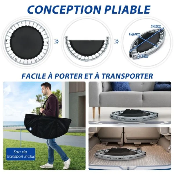 Mini-trampoline Pliable 101Cm pour Adultes/Enfants avec Main Courante en Mousse Réglable en Hauteur à 4 Niveaux Charge Max 150Kg Bleu/Rouge