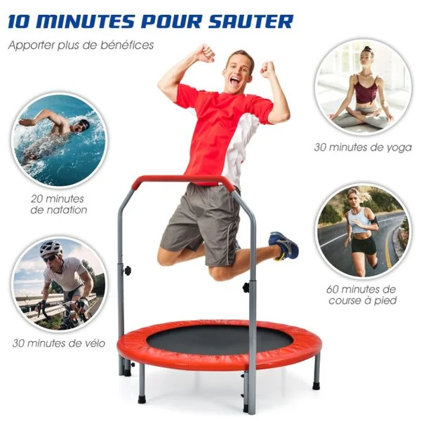 Mini-trampoline Pliable 101Cm pour Adultes/Enfants avec Main Courante en Mousse Réglable en Hauteur à 4 Niveaux Charge Max 150Kg Bleu/Rouge