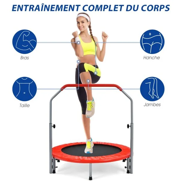Mini-trampoline Pliable 101Cm pour Adultes/Enfants avec Main Courante en Mousse Réglable en Hauteur à 4 Niveaux Charge Max 150Kg Bleu/Rouge