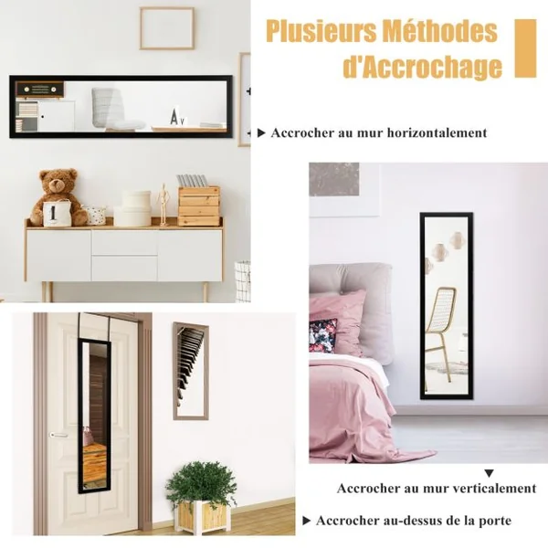 Miroir 2 en 1 Suspension Mural + Porte 119 x 33 cm avec Crochets de Porte et Vis Noir/Blanc