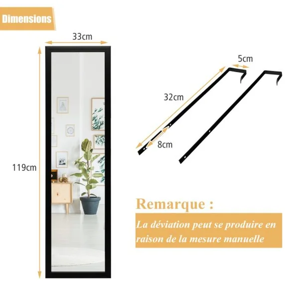 Miroir 2 en 1 Suspension Mural + Porte 119 x 33 cm avec Crochets de Porte et Vis Noir/Blanc
