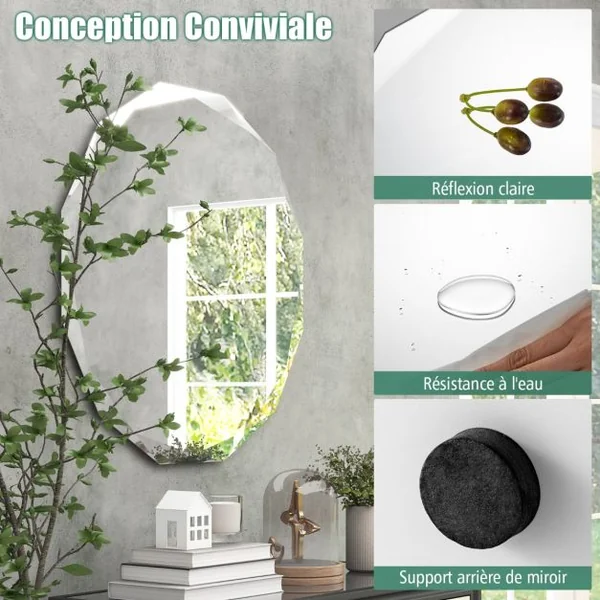 Miroir de Courtoisie Mural Sans Cadre Miroir Décoratif 76 cm Antidéflagrant Bords Biseautés Uniques Poli Argenté Qualité Supérieure