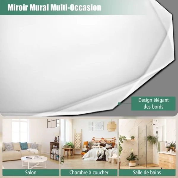 Miroir de Courtoisie Mural Sans Cadre Miroir Décoratif 76 cm Antidéflagrant Bords Biseautés Uniques Poli Argenté Qualité Supérieure