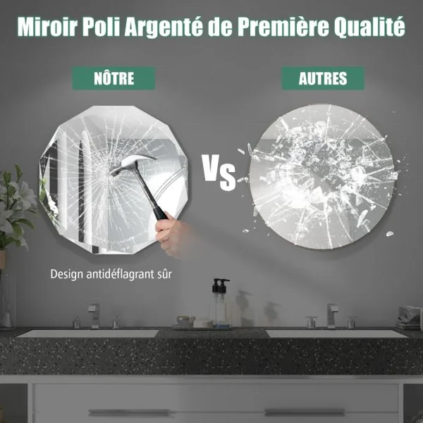 Miroir de Courtoisie Mural Sans Cadre Miroir Décoratif 76 cm Antidéflagrant Bords Biseautés Uniques Poli Argenté Qualité Supérieure