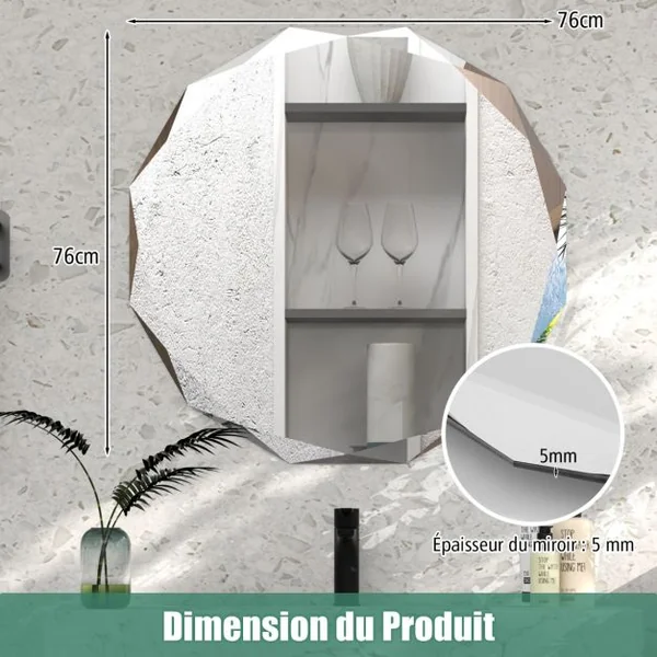 Miroir de Courtoisie Mural Sans Cadre Miroir Décoratif 76 cm Antidéflagrant Bords Biseautés Uniques Poli Argenté Qualité Supérieure