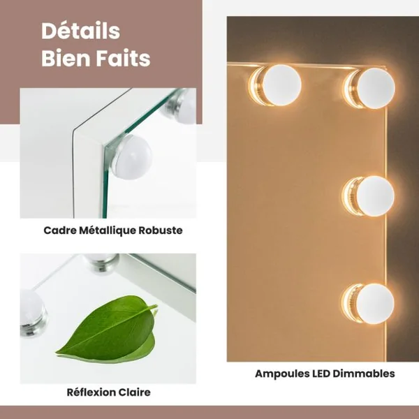 Miroir de Maquillage 14 Ampoules LED Loupe x5 Miroir de Courtoisie Eclairé de Table 3 Modes d'Eclairage Réglable