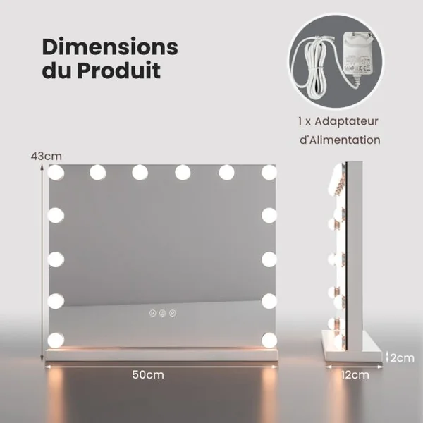 Miroir de Maquillage 14 Ampoules LED Loupe x5 Miroir de Courtoisie Eclairé de Table 3 Modes d'Eclairage Réglable