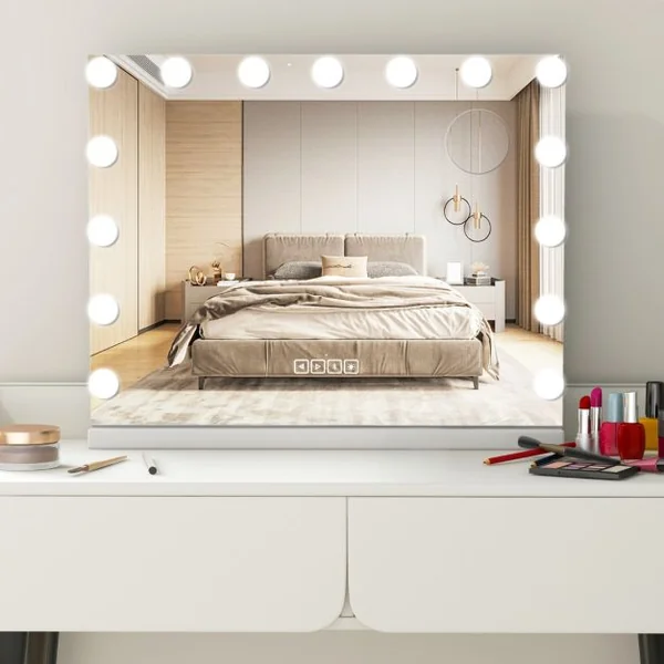 Miroir de Maquillage avec 15 Led Miroir Hollywood à Intensité Variable 3 Couleurs Commande Tactile Intelligente Loupe Mural Ou de Table 46*58cm Blanc