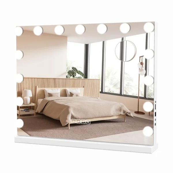 Miroir de Maquillage avec 15 Led Miroir Hollywood à Intensité Variable 3 Couleurs Commande Tactile Intelligente Loupe Mural Ou de Table 46*58cm Blanc