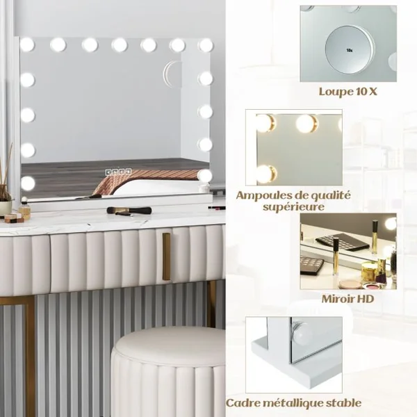 Miroir de Maquillage avec 15 Led Miroir Hollywood à Intensité Variable 3 Couleurs Commande Tactile Intelligente Loupe Mural Ou de Table 46*58cm Blanc