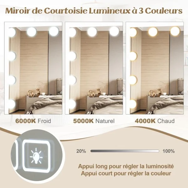 Miroir de Maquillage avec 15 Led Miroir Hollywood à Intensité Variable 3 Couleurs Commande Tactile Intelligente Loupe Mural Ou de Table 46*58cm Blanc