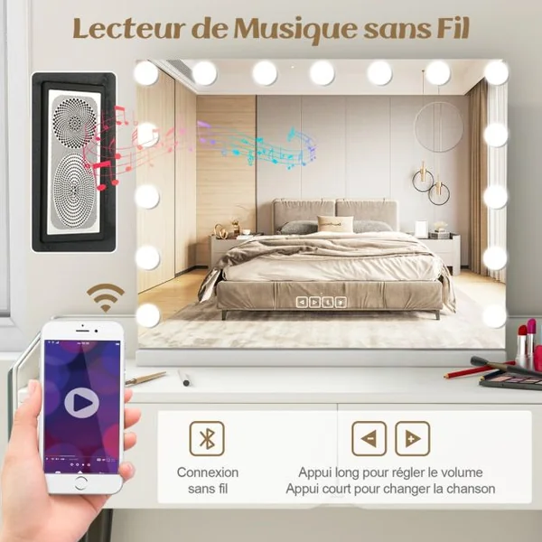 Miroir de Maquillage avec 15 Led Miroir Hollywood à Intensité Variable 3 Couleurs Commande Tactile Intelligente Loupe Mural Ou de Table 46*58cm Blanc