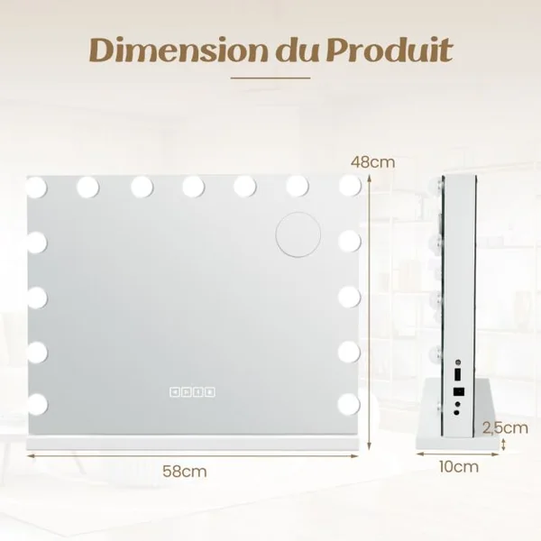 Miroir de Maquillage avec 15 Led Miroir Hollywood à Intensité Variable 3 Couleurs Commande Tactile Intelligente Loupe Mural Ou de Table 46*58cm Blanc