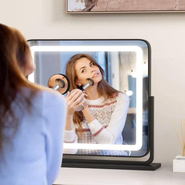 Miroir de Maquillage LED Lumineux Tactile 5 x Grossissement L56 x l48 CM Rotation 360° 3 Couleurs Eclairage