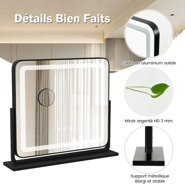 Miroir de Maquillage LED Lumineux Tactile 5 x Grossissement L56 x l48 CM Rotation 360° 3 Couleurs Eclairage