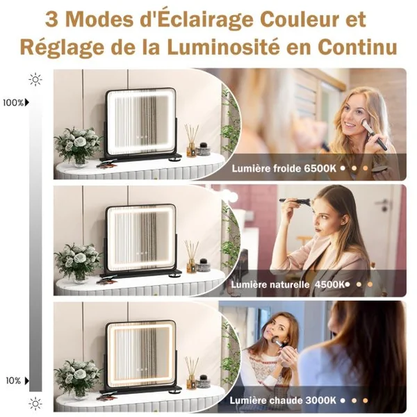Miroir de Maquillage LED Lumineux Tactile 5 x Grossissement L56 x l48 CM Rotation 360° 3 Couleurs Eclairage