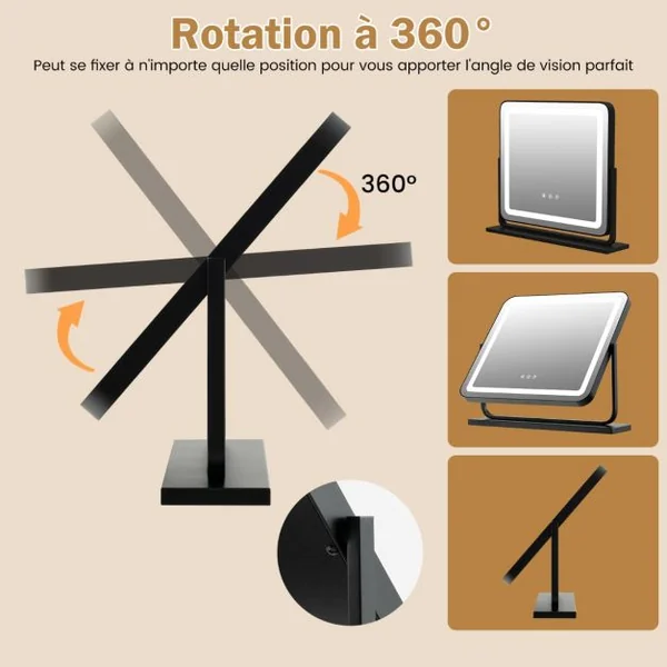 Miroir de Maquillage LED Lumineux Tactile 5 x Grossissement L56 x l48 CM Rotation 360° 3 Couleurs Eclairage