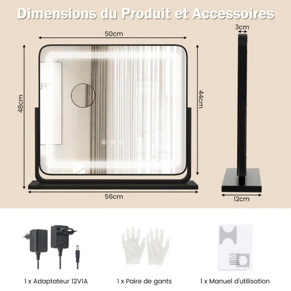 Miroir de Maquillage LED Lumineux Tactile 5 x Grossissement L56 x l48 CM Rotation 360° 3 Couleurs Eclairage