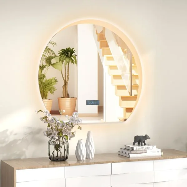 Miroir de Salle de Bain en Demi-cercle Miroir de Courtoisie à Intensité Variable Lumières LED à 3 Couleurs Fonction Mémoire Argent