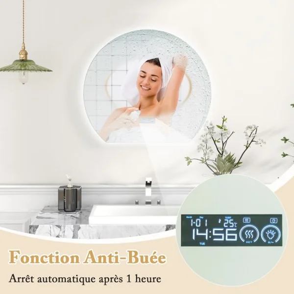 Miroir de Salle de Bain en Demi-cercle Miroir de Courtoisie à Intensité Variable Lumières LED à 3 Couleurs Fonction Mémoire Argent