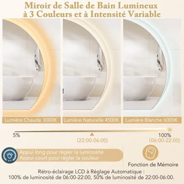 Miroir de Salle de Bain en Demi-cercle Miroir de Courtoisie à Intensité Variable Lumières LED à 3 Couleurs Fonction Mémoire Argent
