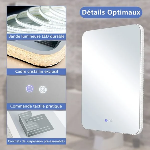 Miroir de Salle de Bain IP44 avec Lumières LED et Antibuée 80 x 60 CM Miroir Mural avec 3 Températures de Couleur Réglables