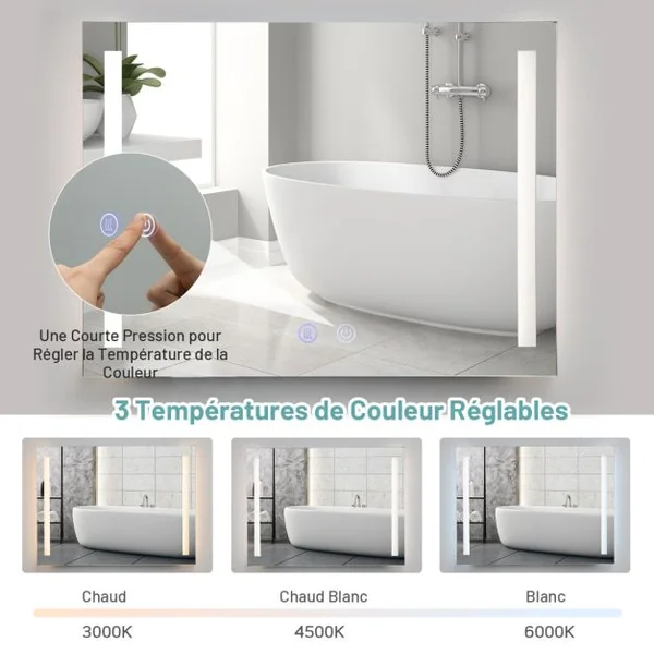 Miroir de Salle de Bain LED 80x60cm Miroir Mural avec Luminosité Réglable en Continu 3 Températures de Couleur Fonction Anti-Buée et Mémoire