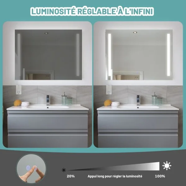 Miroir de Salle de Bain LED 80x60cm Miroir Mural avec Luminosité Réglable en Continu 3 Températures de Couleur Fonction Anti-Buée et Mémoire