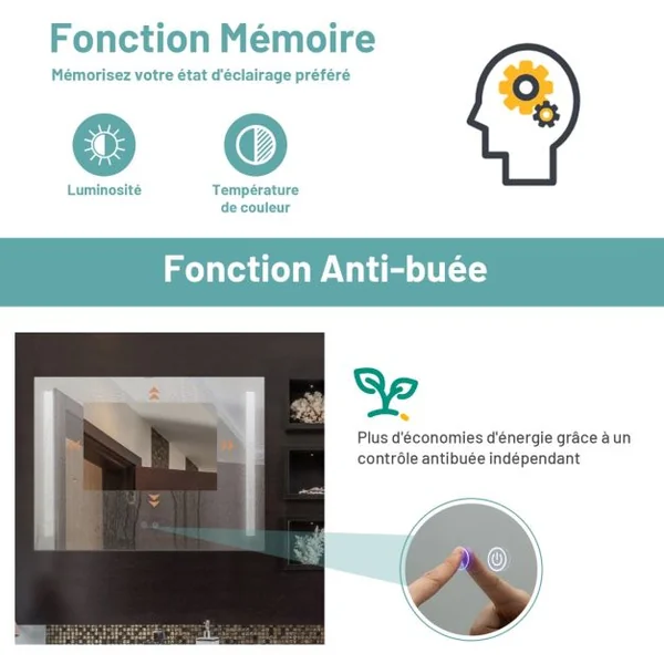 Miroir de Salle de Bain LED 80x60cm Miroir Mural avec Luminosité Réglable en Continu 3 Températures de Couleur Fonction Anti-Buée et Mémoire