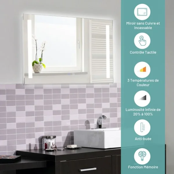 Miroir de Salle de Bain LED 80x60cm Miroir Mural avec Luminosité Réglable en Continu 3 Températures de Couleur Fonction Anti-Buée et Mémoire