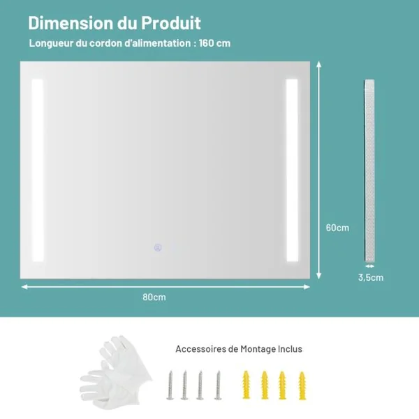 Miroir de Salle de Bain LED 80x60cm Miroir Mural avec Luminosité Réglable en Continu 3 Températures de Couleur Fonction Anti-Buée et Mémoire