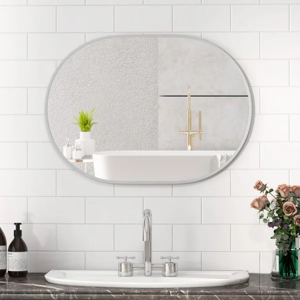 Miroir de Salle de Bain Ovale 70,5 x 50,5cm Miroir de Courtoisie avec Film Incassable Vis d'Expansion Supports Muraux avec Cadre en Aluminium