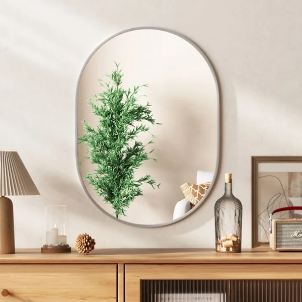 Miroir de Salle de Bain Ovale 70,5 x 50,5cm Miroir de Courtoisie avec Film Incassable Vis d'Expansion Supports Muraux avec Cadre en Aluminium