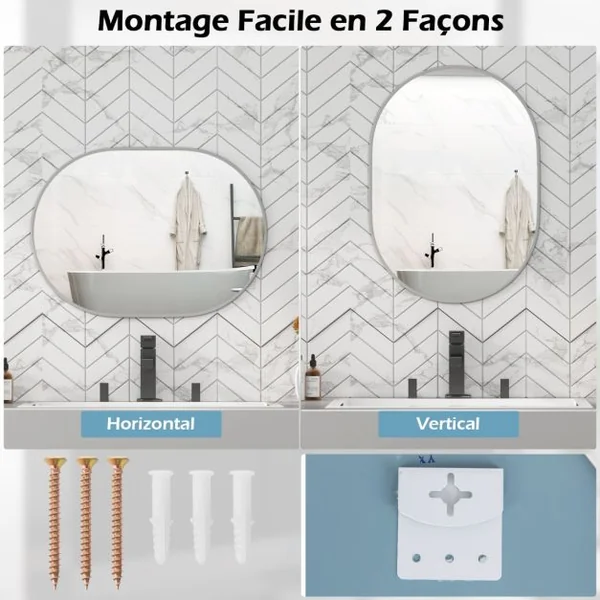 Miroir de Salle de Bain Ovale 70,5 x 50,5cm Miroir de Courtoisie avec Film Incassable Vis d'Expansion Supports Muraux avec Cadre en Aluminium