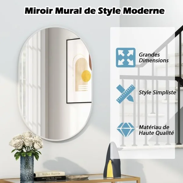 Miroir de Salle de Bain Ovale 70,5 x 50,5cm Miroir de Courtoisie avec Film Incassable Vis d'Expansion Supports Muraux avec Cadre en Aluminium