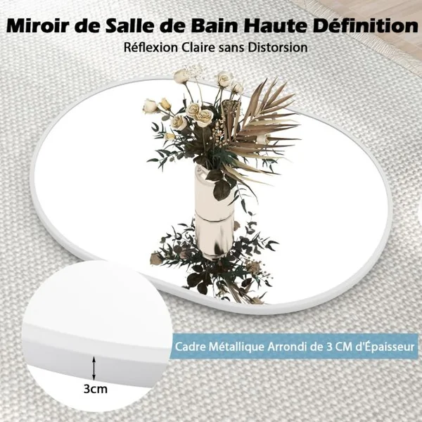 Miroir de Salle de Bain Ovale 70,5 x 50,5cm Miroir de Courtoisie avec Film Incassable Vis d'Expansion Supports Muraux avec Cadre en Aluminium