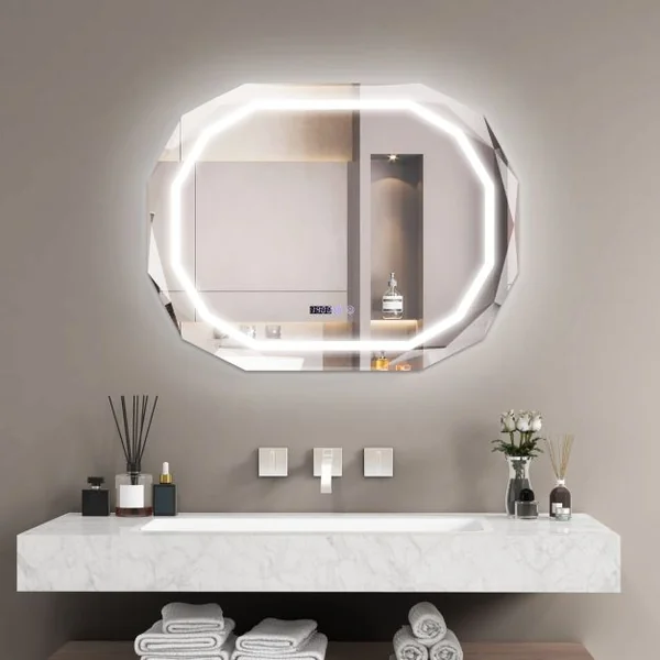 Miroir de Salle de Bain ovale avec LED Antibuée 3 Couleurs Fonction Mémoire Affichage Temps/Température Incassable