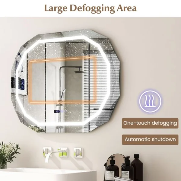 Miroir de Salle de Bain ovale avec LED Antibuée 3 Couleurs Fonction Mémoire Affichage Temps/Température Incassable