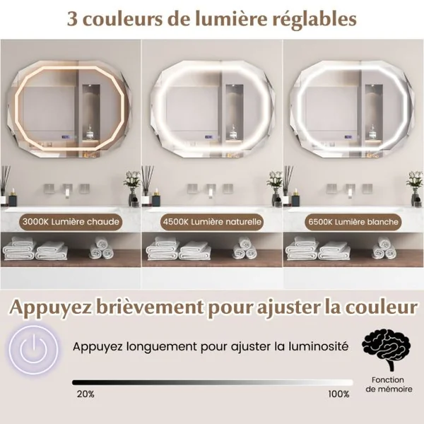 Miroir de Salle de Bain ovale avec LED Antibuée 3 Couleurs Fonction Mémoire Affichage Temps/Température Incassable