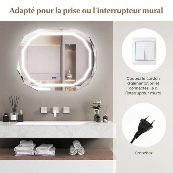 Miroir de Salle de Bain ovale avec LED Antibuée 3 Couleurs Fonction Mémoire Affichage Temps/Température Incassable