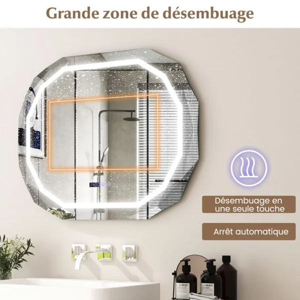 Miroir de Salle de Bain ovale avec LED Antibuée 3 Couleurs Fonction Mémoire Affichage Temps/Température Incassable