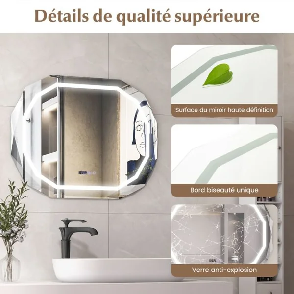 Miroir de Salle de Bain ovale avec LED Antibuée 3 Couleurs Fonction Mémoire Affichage Temps/Température Incassable