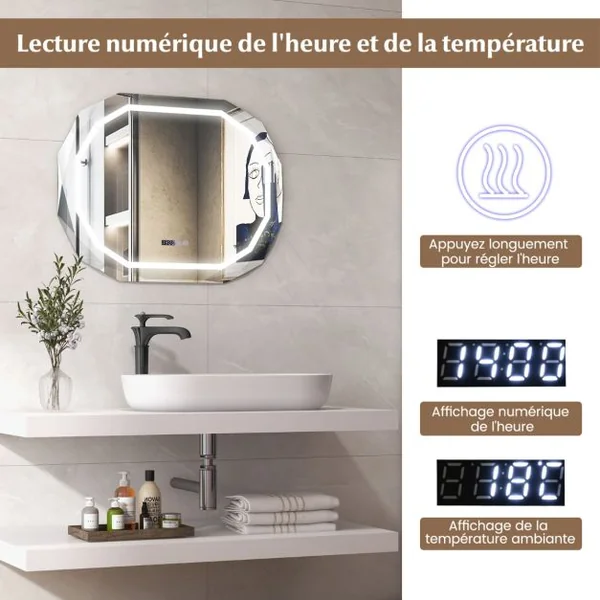 Miroir de Salle de Bain ovale avec LED Antibuée 3 Couleurs Fonction Mémoire Affichage Temps/Température Incassable